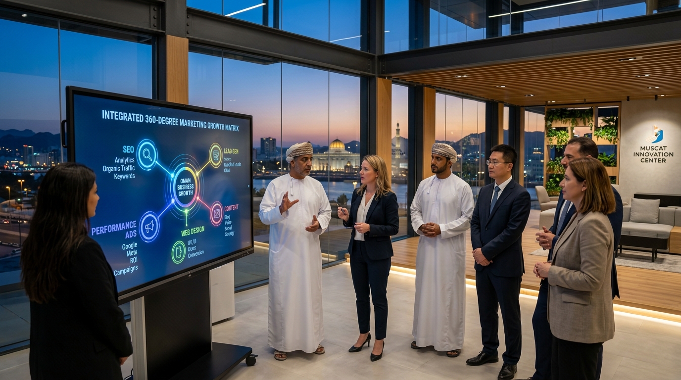 Omani Business Leaders Reviewing Integrated 360-Degree Growth Strategy at Muscat Innovation Center
